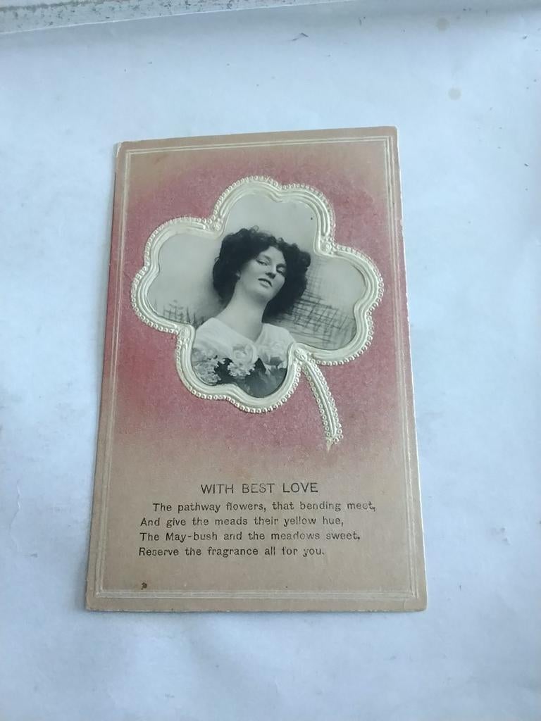 VROUW IN KLAVERBLAD -  WITH. BEST LOVE, Verzamelen, Ophalen of Verzenden, Voor 1920, Overige thema's
