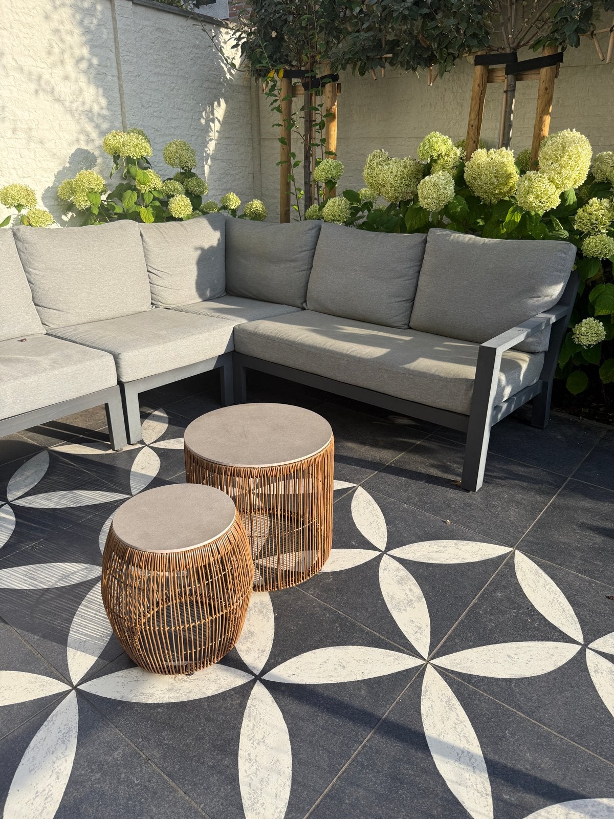 Set van 2 rotan salontafels voor buiten, Ophalen of Verzenden, Zo goed als nieuw, Rond, Wicker