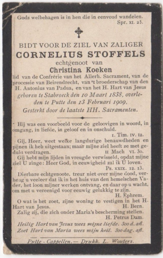 Cornelius Stoffels 1838 Stabroeck (B) + 1909 Putte (Ned), Ophalen of Verzenden