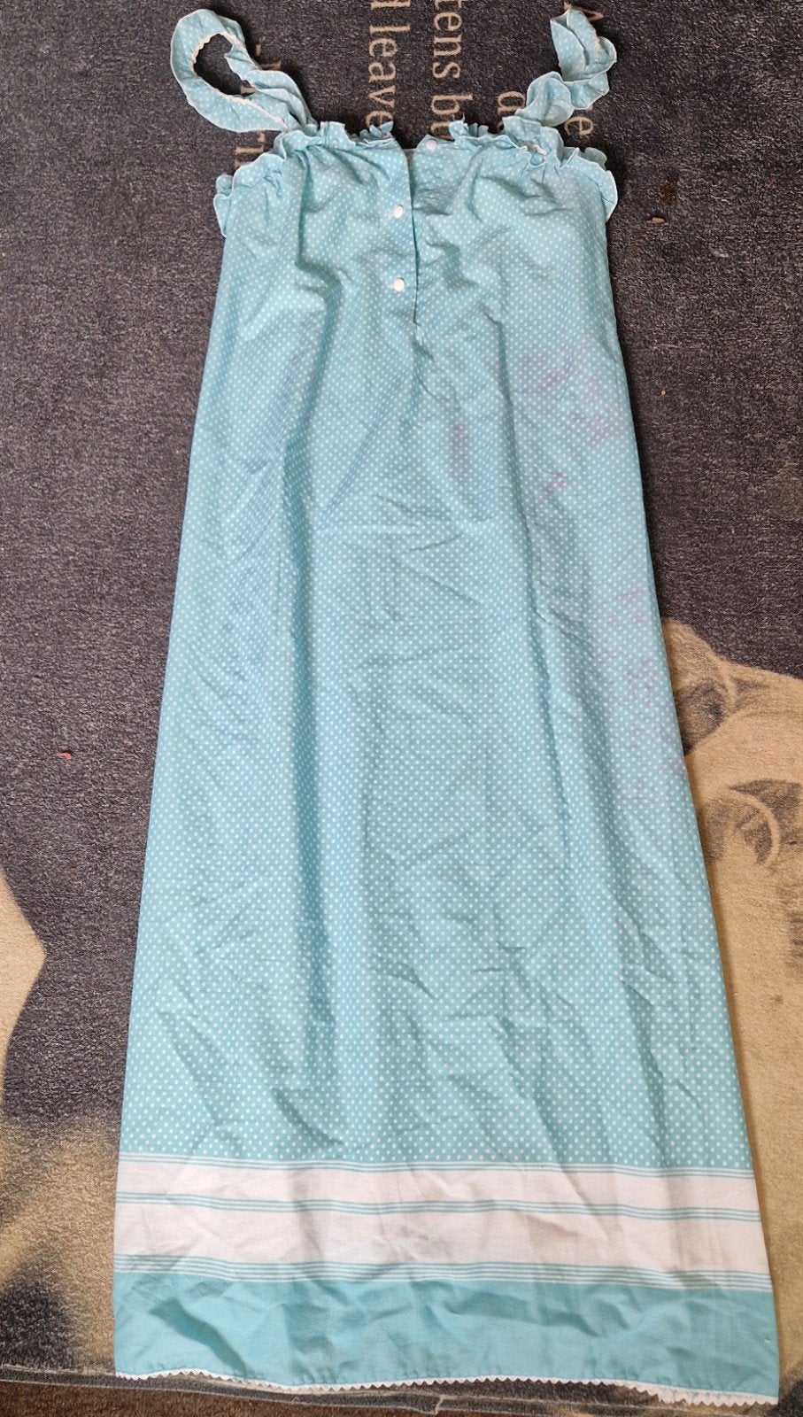 Vintage jurk hemelsblauw maat s/m stippen & ruches, Onbekend, Ophalen of Verzenden, Blauw