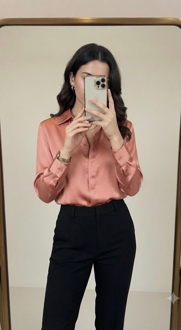 Satijnen blouse zalm roze, H&M, maat S, Ophalen of Verzenden, Zo goed als nieuw, Maat 36 (S), Roze
