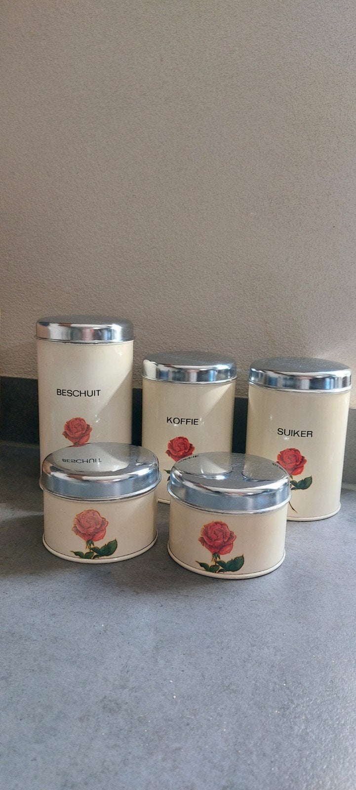Vintage voorraadblikken set Brabantia met rozenmotief (5 stu, Ophalen of Verzenden