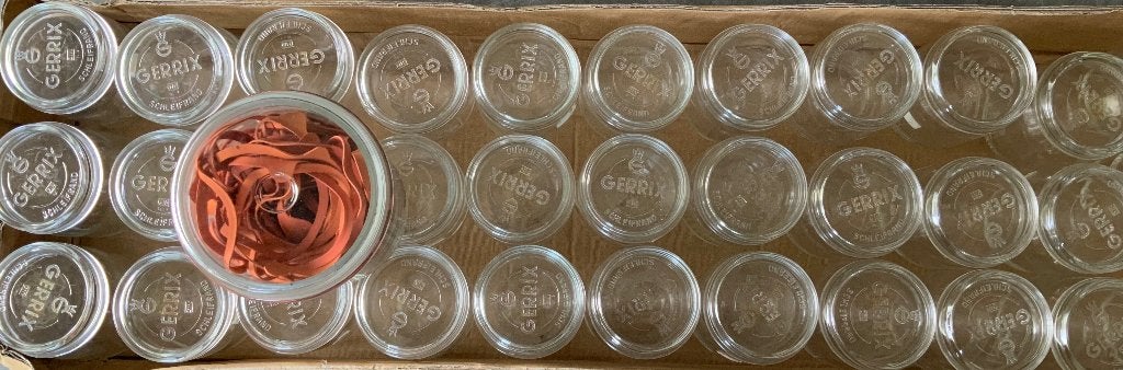 Weckpotten: 16x WECK + 47x Gerrix met ringen en klemmen., Ophalen, Overige merken, Glas, Overige typen