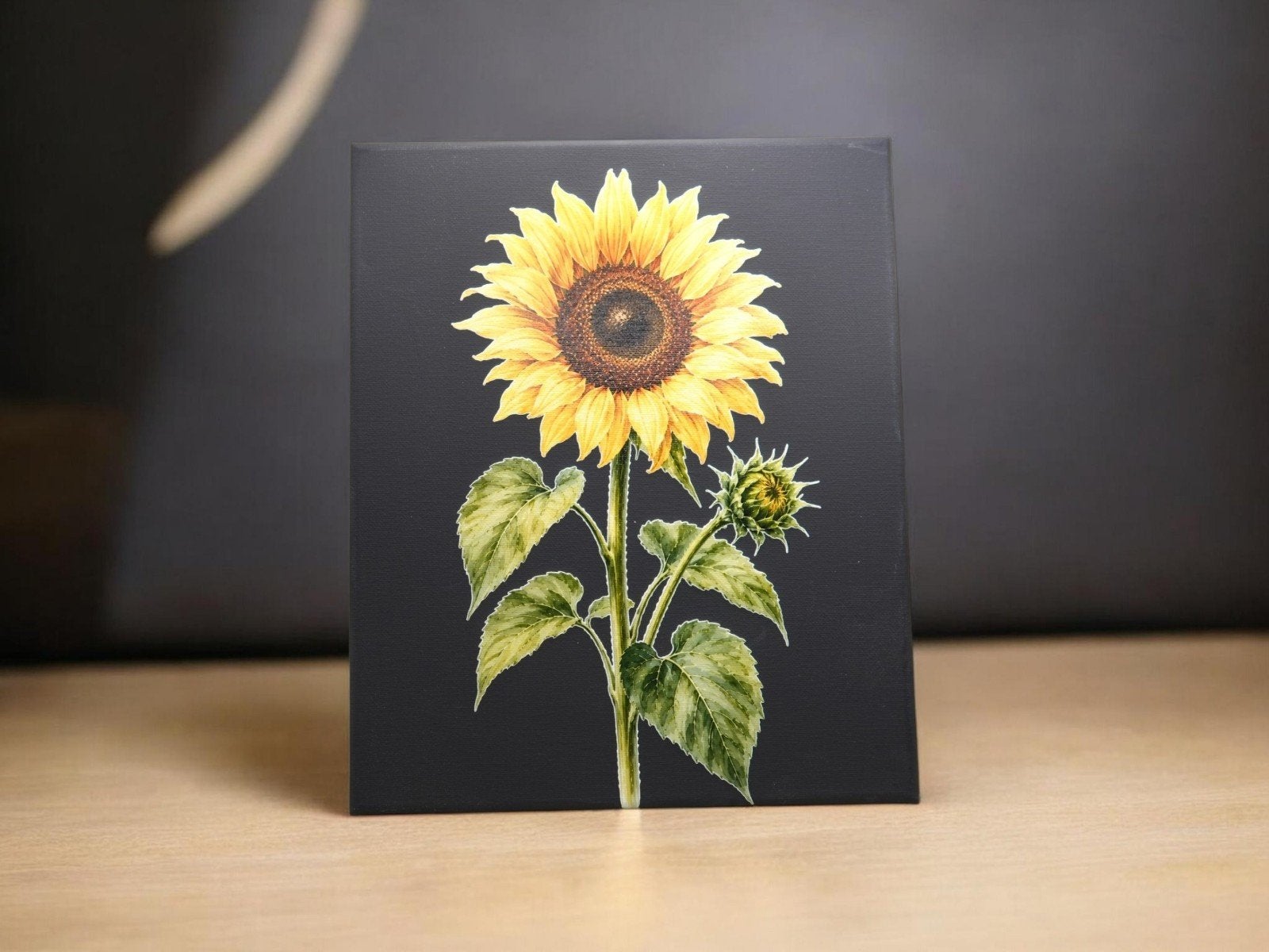 Zonnebloem schilderij op zwart canvas - 30x25cm, Ophalen of Verzenden
