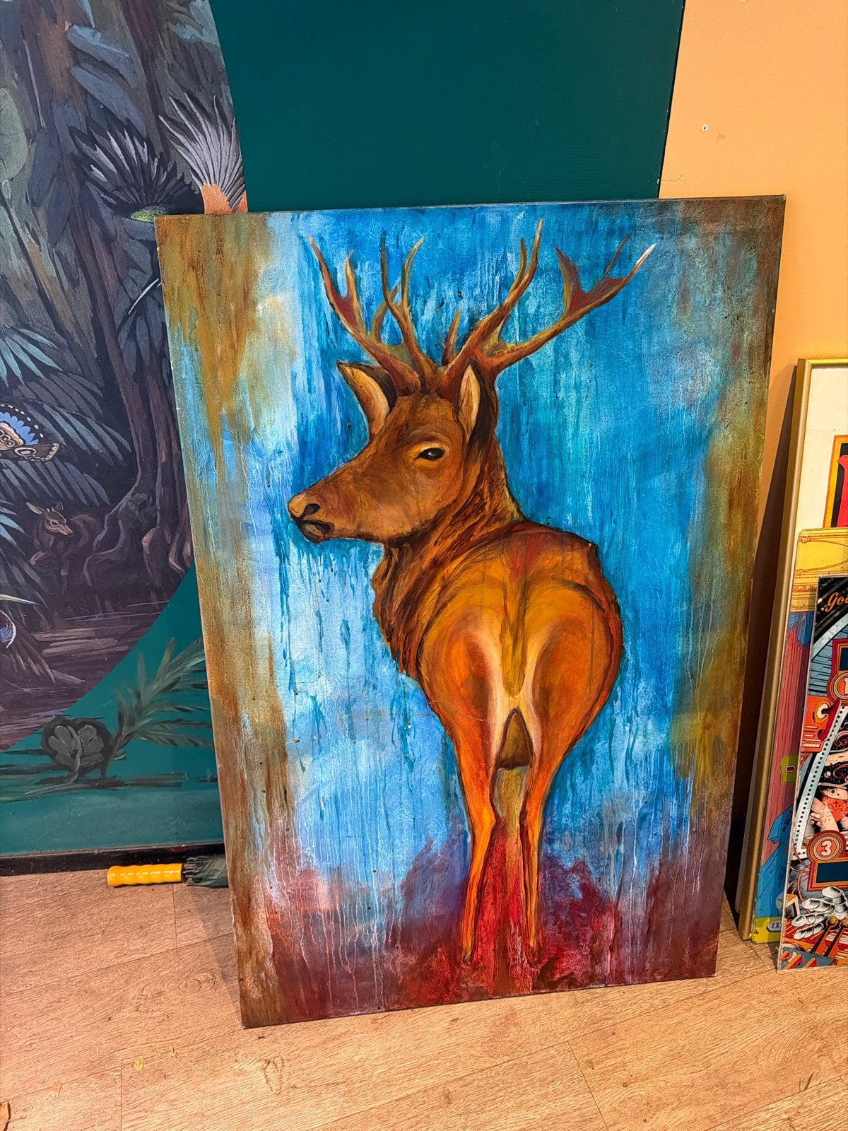 Groot schilderij van een hert - Modern kunstwerk, Ophalen, Handgeschilderd, Dieren, Olieverf