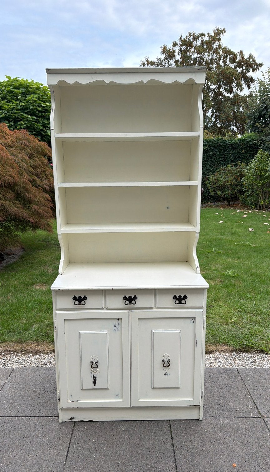 Vintage wit dressoir met open planken, Gebruikt, Met deur(en), 25 tot 50 cm, Overige houtsoorten