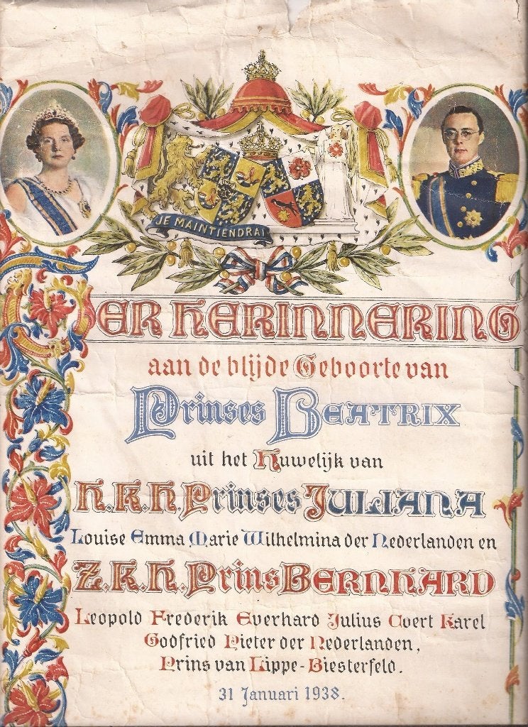 Ter Herinnering aan de blijde geboorte Prinses Beatrix 1938, 26 cm, Ophalen of Verzenden, Met tekst, 34 cm