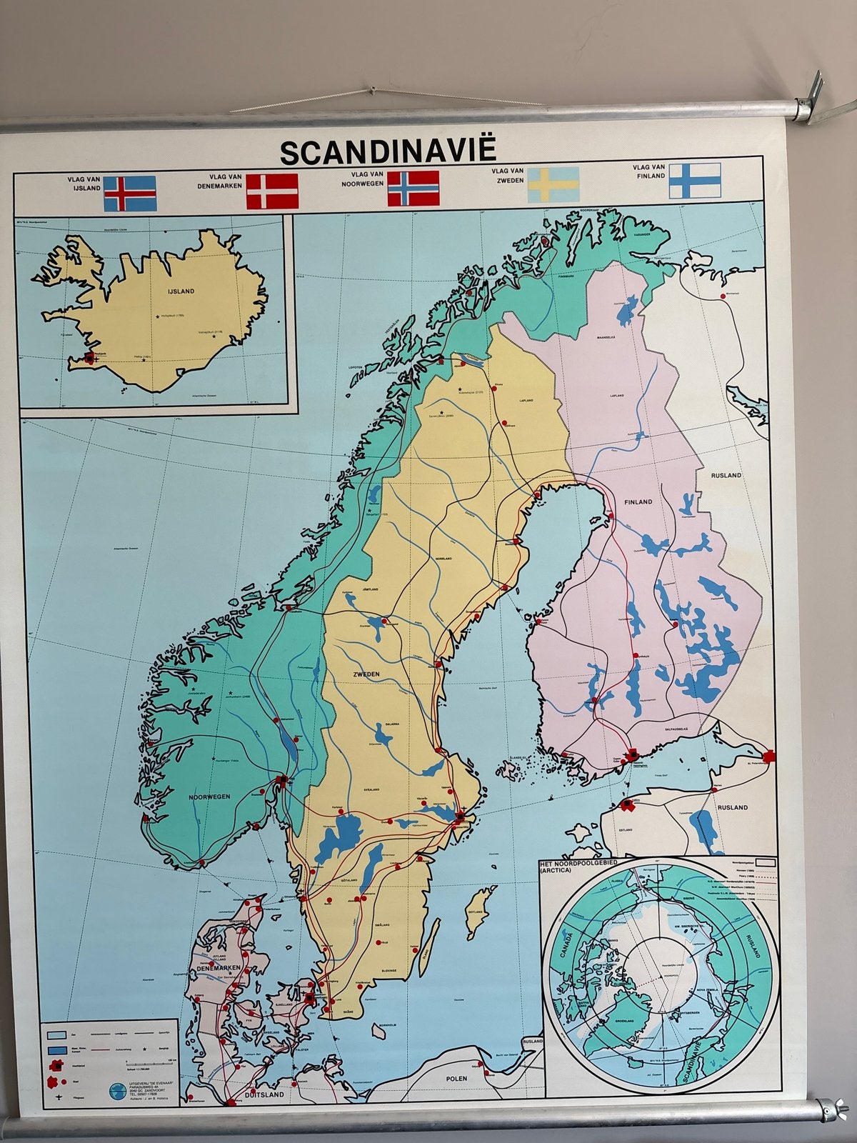 Grote wandkaart Scandinavië - Uitgeverij de Evenaar, 1800 tot 2000, Europa Overig, Ophalen of Verzenden, Landkaart
