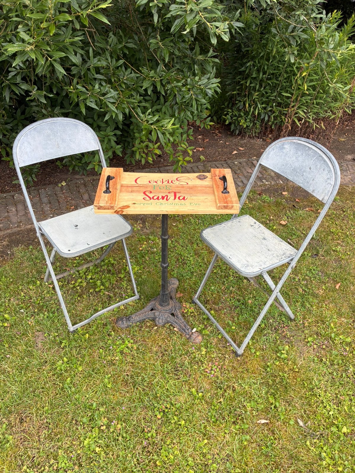 Retro bistro tuinset met gietijzer tafelpoot, Tuin en Terras, Tuinstoelen, Ophalen of Verzenden, Zo goed als nieuw, Metaal