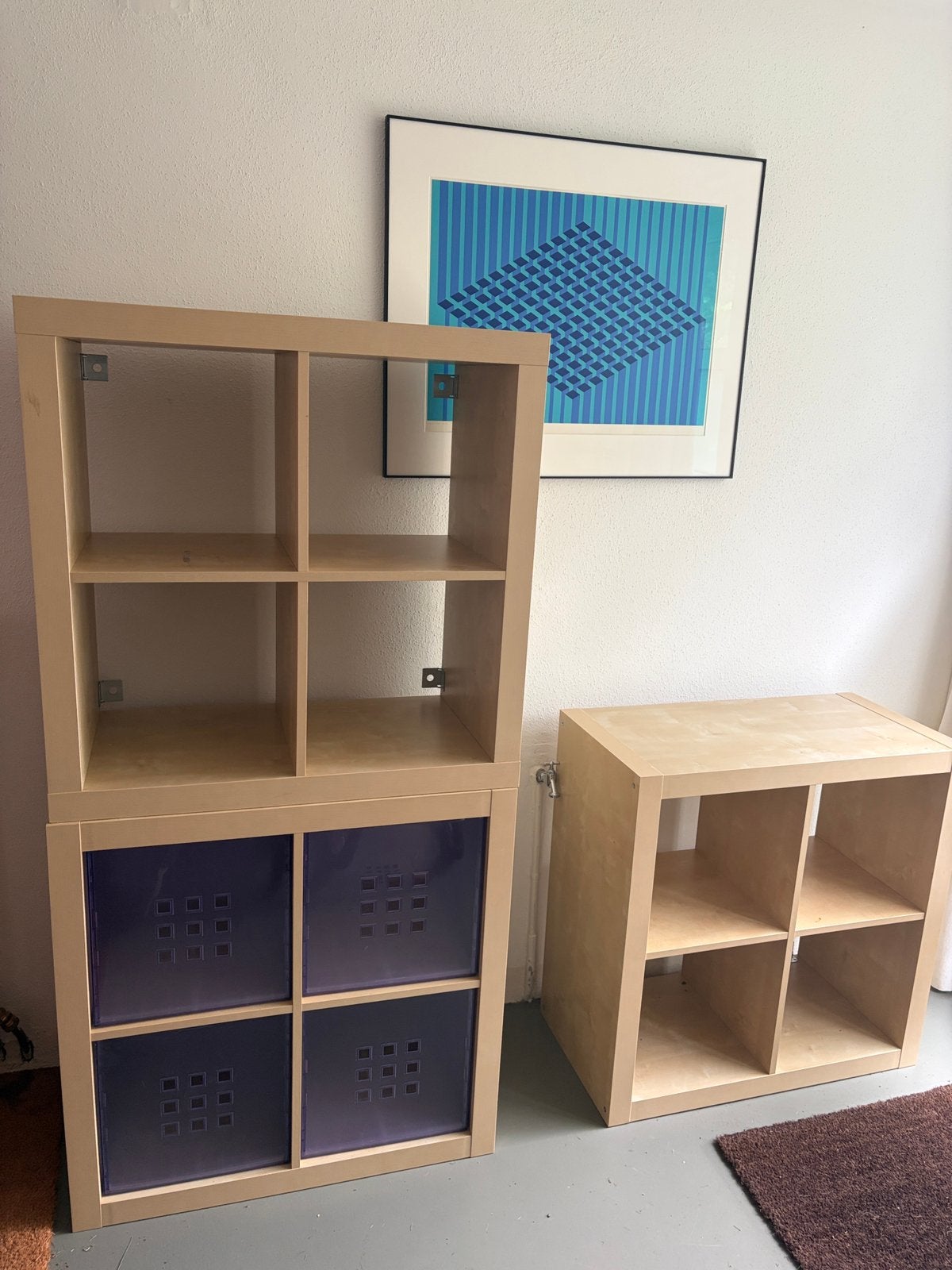 3 x Kallax kasten met 4 vakken + 4 bakken, Ophalen, Met plank(en), Zo goed als nieuw, Minder dan 150 cm
