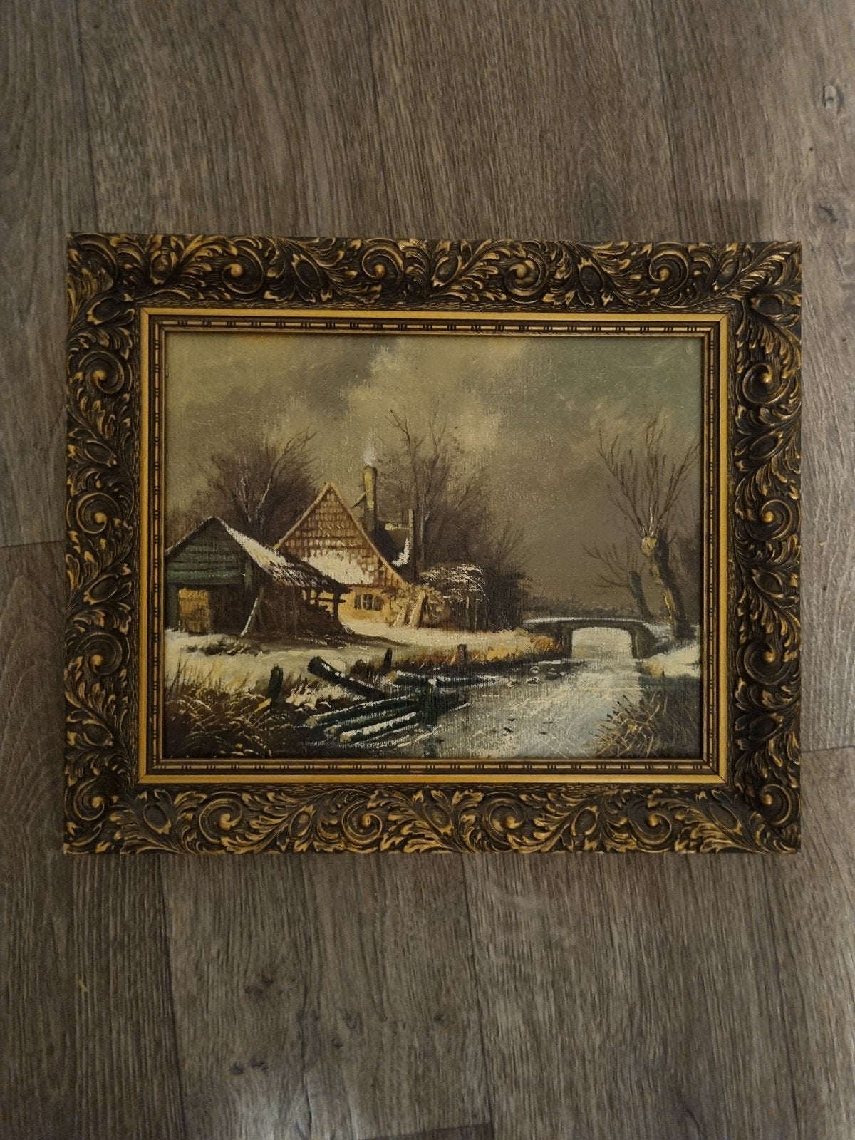 Schilderij Winterlandschap met Huis en Brug, Antiek en Kunst, Doek, Ophalen of Verzenden, Landschap, Olieverf