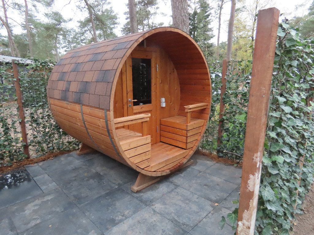 Barrel sauna, Sport en Fitness, Sauna, Ophalen, Zo goed als nieuw, Complete sauna
