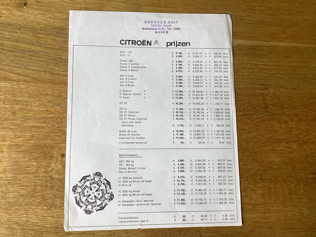 Citroën Prijzenlijst Garage Smit Assen 1970 (Origineel), Ophalen of Verzenden, Zo goed als nieuw, Citroën