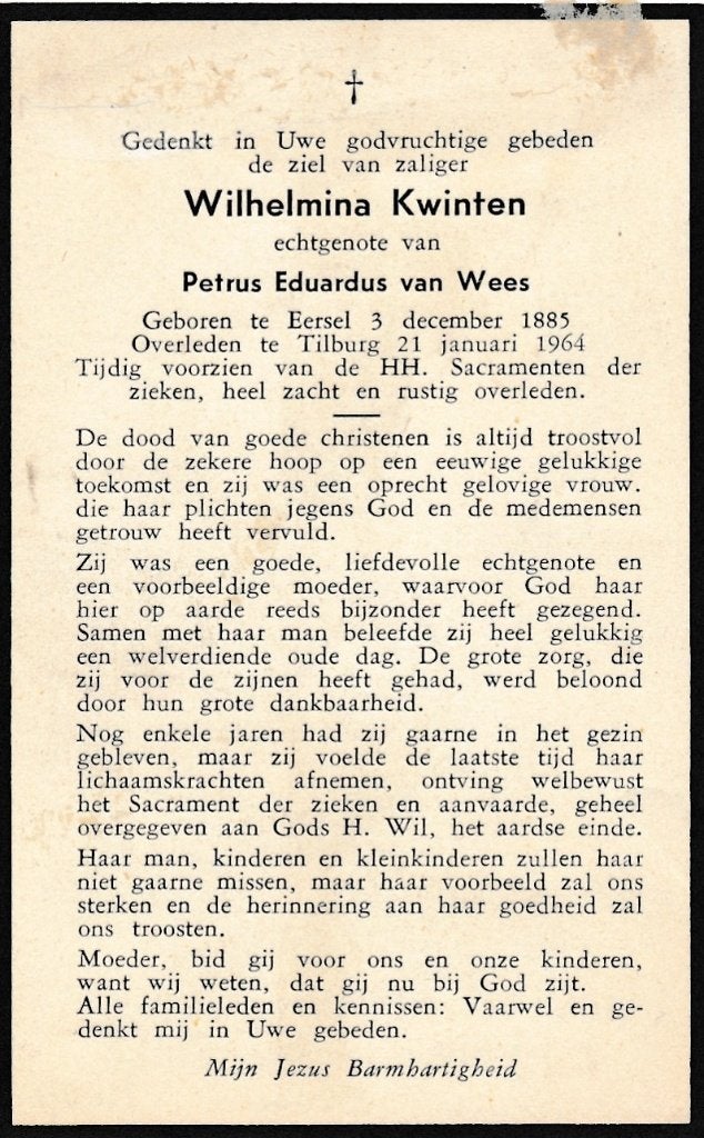 Kwinten 1885 Eersel 1964 Tilburg, Ophalen of Verzenden, Bidprentje