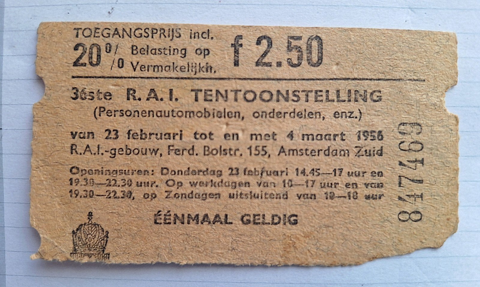 toegangskaartje autoRAI  1956, Eén persoon, Meerdaags