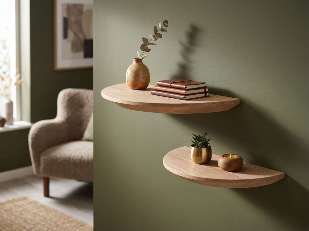 Wandplank | Halfrond met ronde of facetrand | Massief Eiken, Niet ingevuld, Niet ingevuld, Nieuw, Ophalen of Verzenden