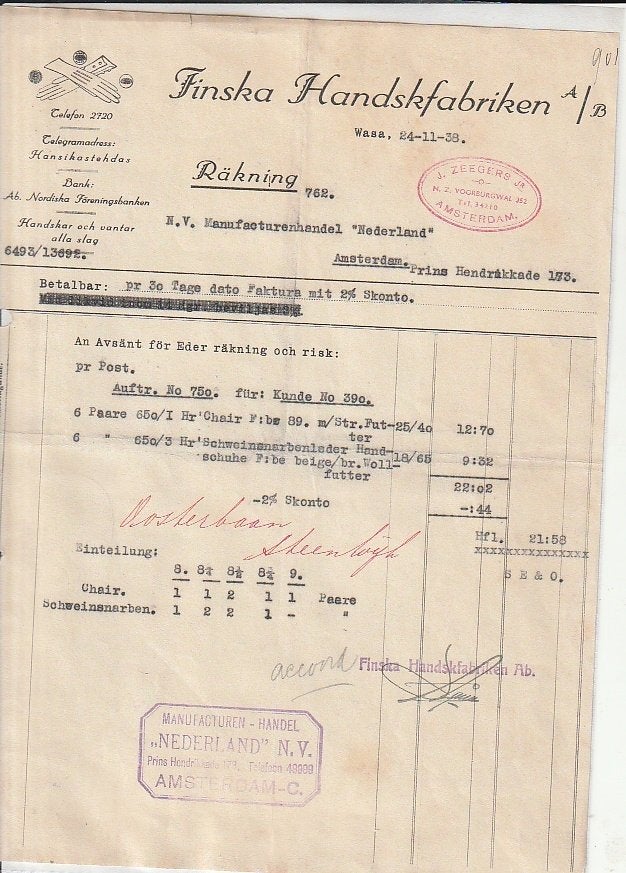 Finska handskfabriken Finland Wasa  factuur 1938, Ophalen of Verzenden, Zo goed als nieuw, Overige typen