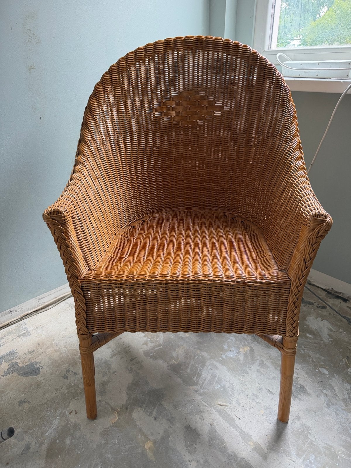 Rotan stoel - Vintage rieten fauteuil, Ophalen, Gebruikt, Bruin, Riet of Rotan