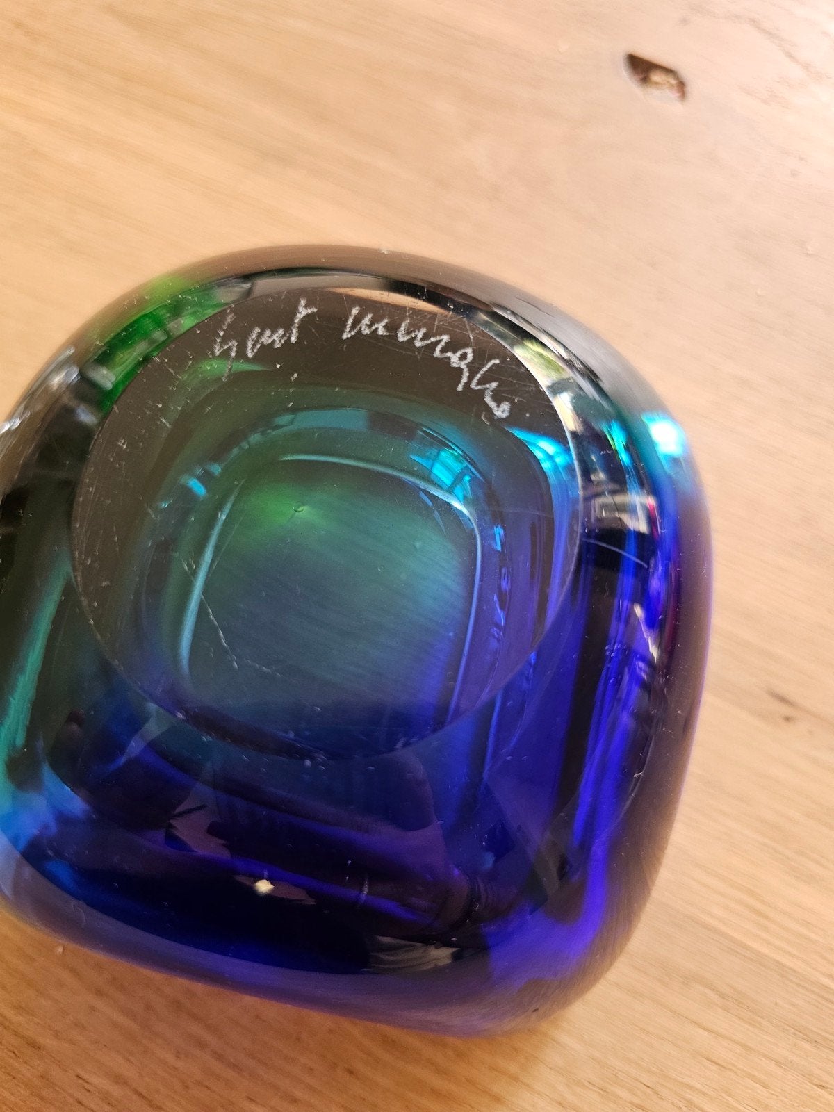 Mondgeblazen glazen object, blauw/groen, gesigneerd, Ophalen of Verzenden