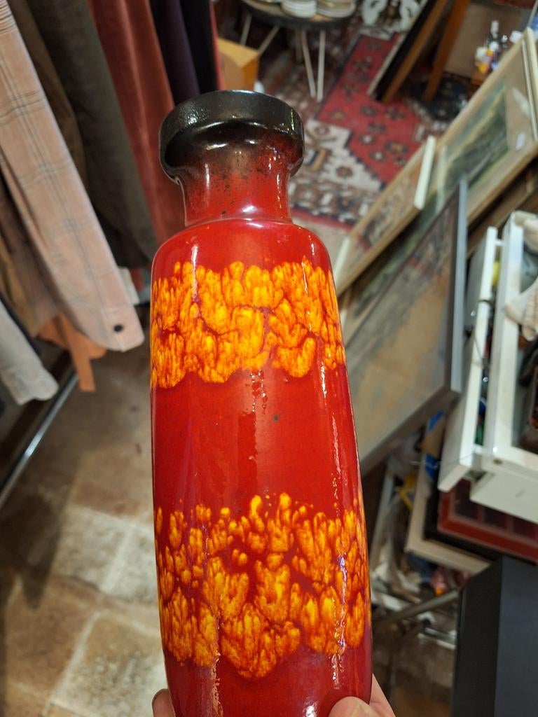 Vintage West Germany vaas, rood met oranje fat lava glazuur, Ophalen of Verzenden