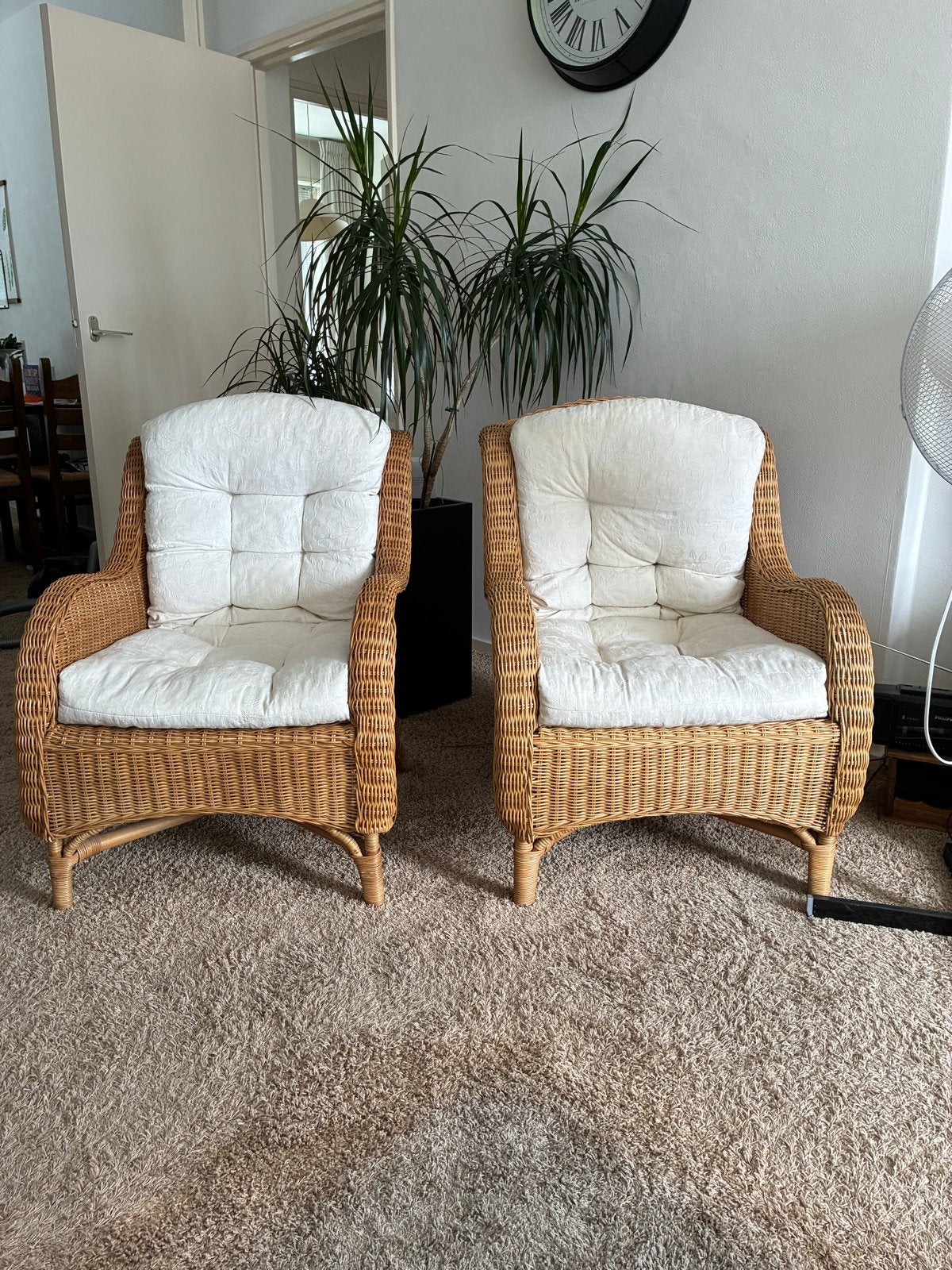 Set van 2 rotan fauteuils met kussens, Gebruikt, Ophalen of Verzenden, 50 tot 75 cm, Riet of Rotan
