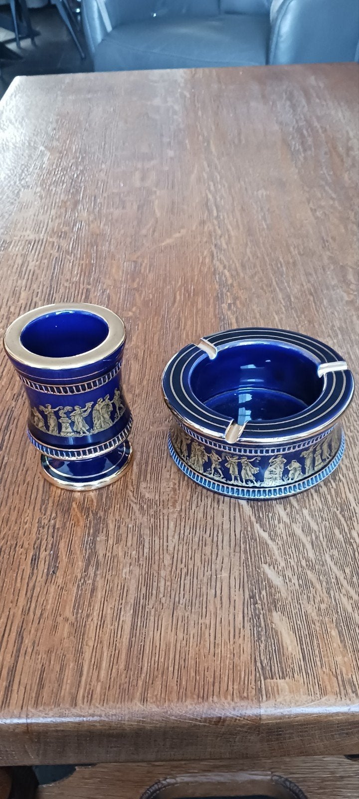 GRIEKS SPYROPOULOS KOBALTBLAUW/ 24 K GOUDEN VAASJE + ASBAK, Ophalen of Verzenden