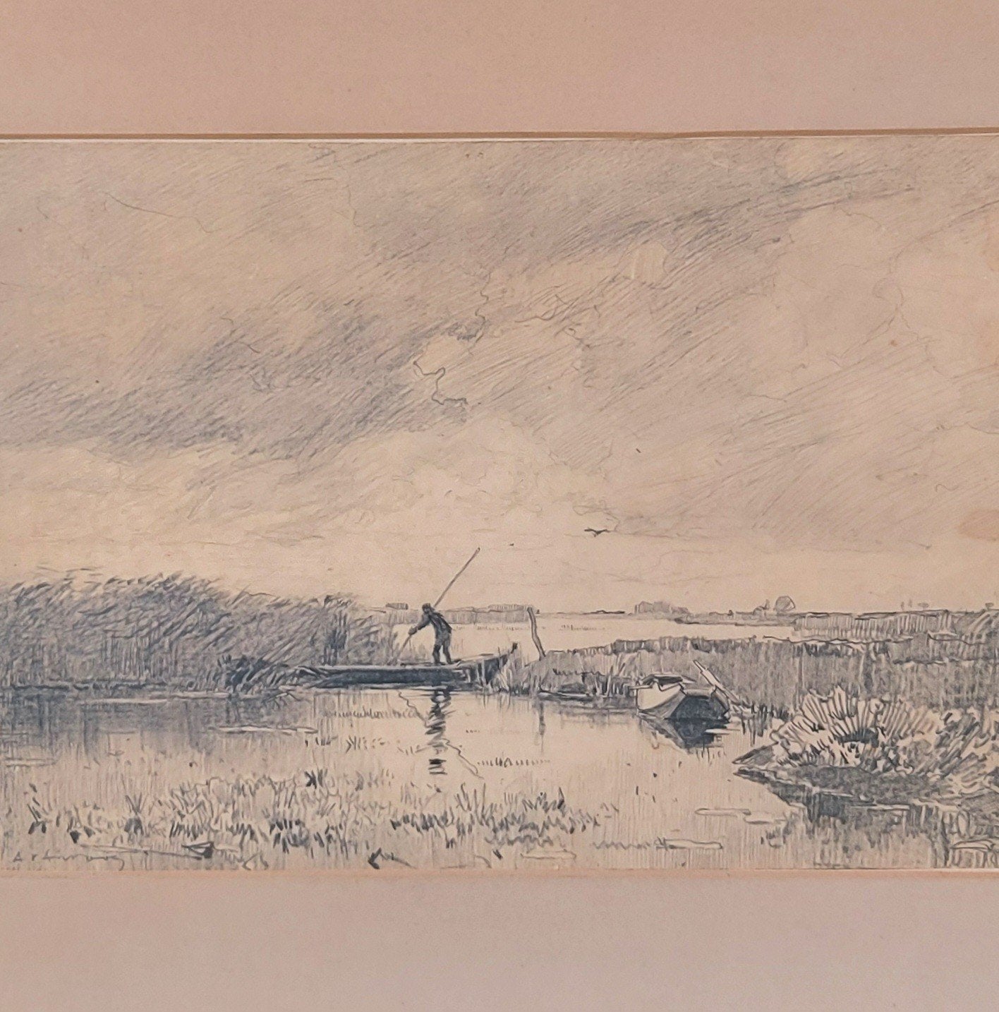 A van Anrooy Anrooij - Hollands Landschap - tekening, Ophalen of Verzenden, Tekening, Potloodtekening, Gesigneerd