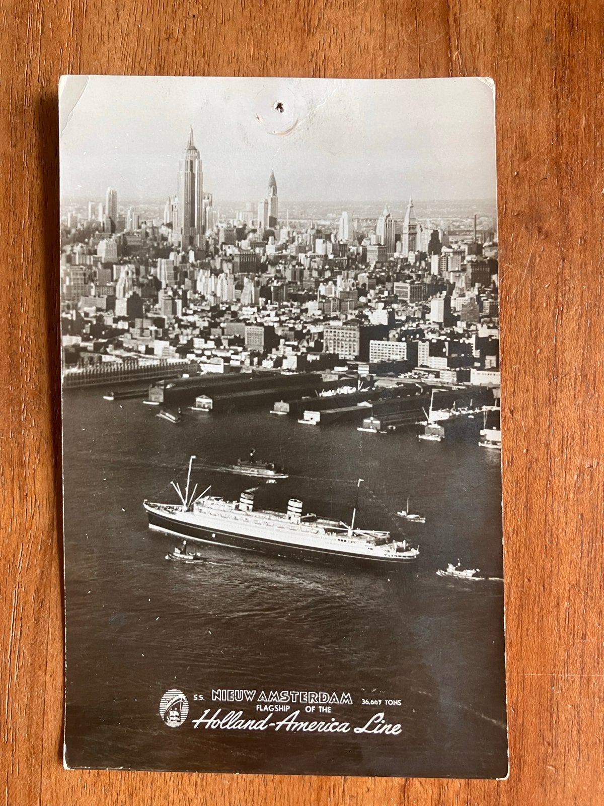 Holland-Amerika Lijn SS Nieuw Amsterdam in New York, Verzamelen, Ophalen of Verzenden, Gebruikt, Motorboot, Kaart, Foto of Prent