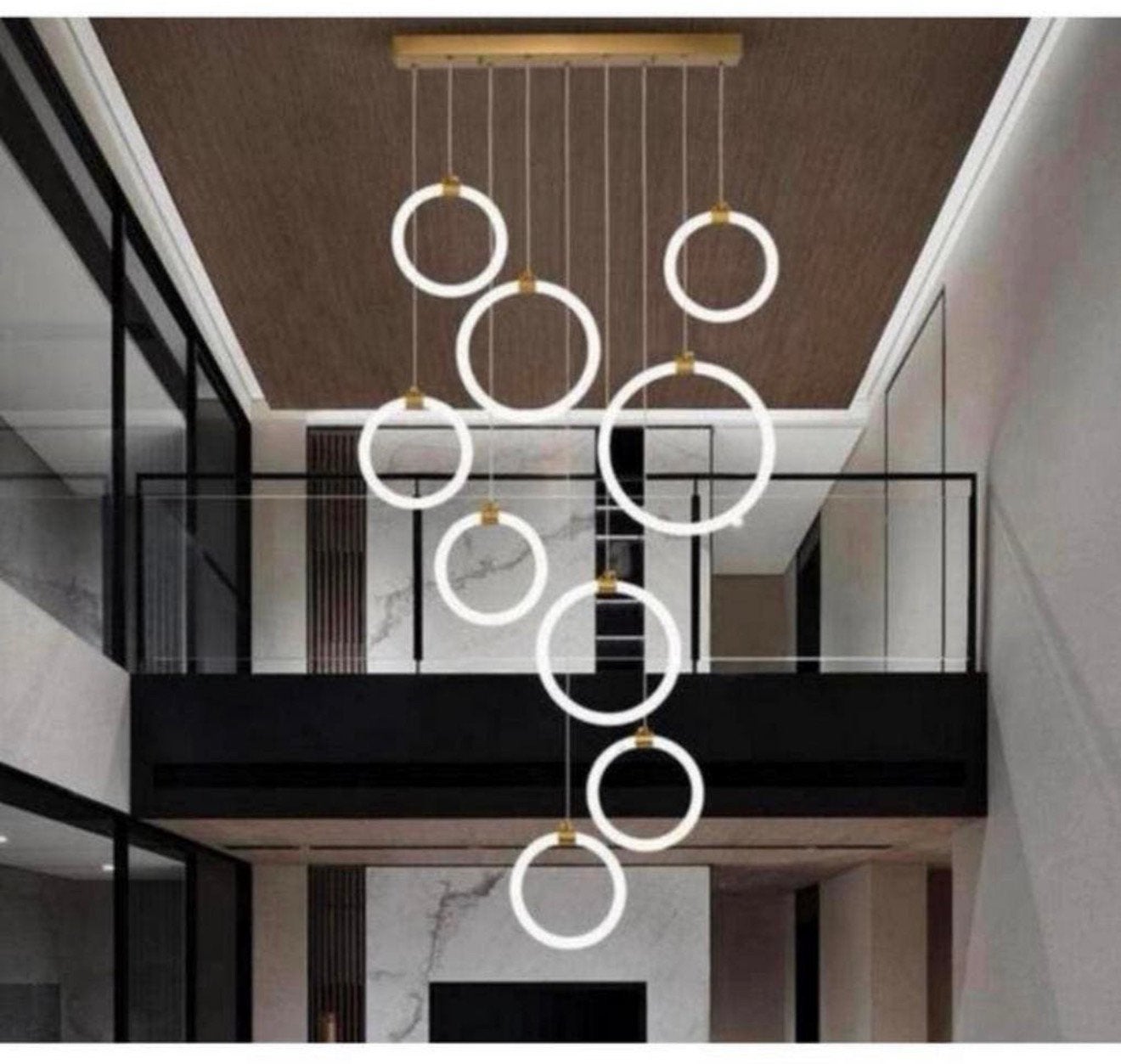 Luxe LED Moderne Trap Hanglamp Dimbaar 9-Ringen Kroonluchter, Glas, Nieuw, Ophalen of Verzenden, H