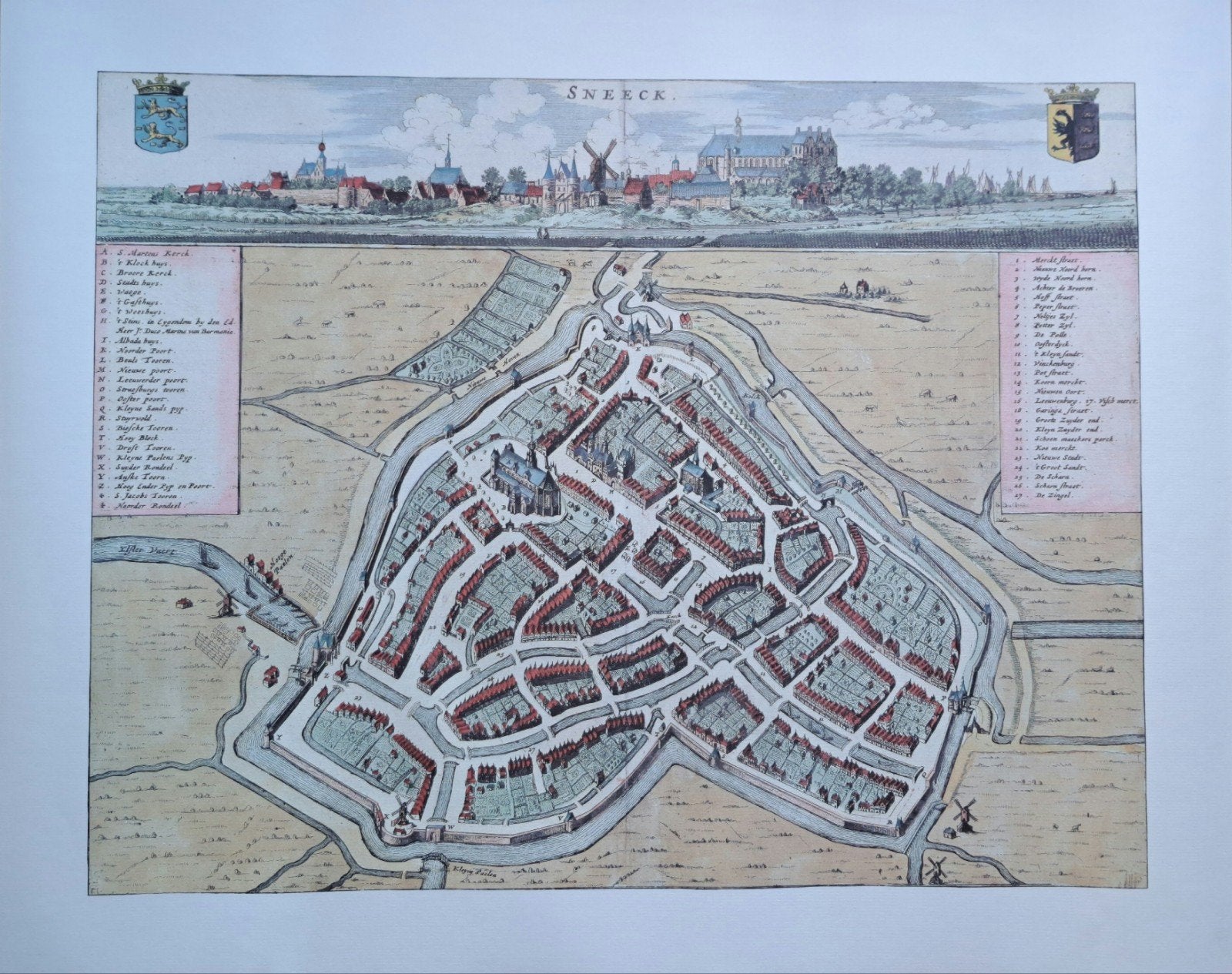 Kleurenreproductie 17e eeuwse stadsplattegrond Sneek, Ophalen, 1800 tot 2000, Nederland, Landkaart