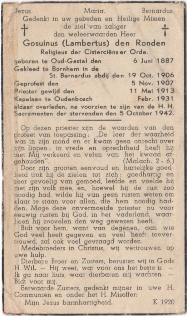 kapelaan G. den Ronden 1887 Oud-Gastel + 1942 Oudenbosch, Ophalen of Verzenden
