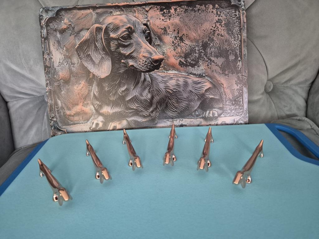 Rose teckel messenleggers (6) + metalen tekkel bord, Verzenden, Nieuw, Dier