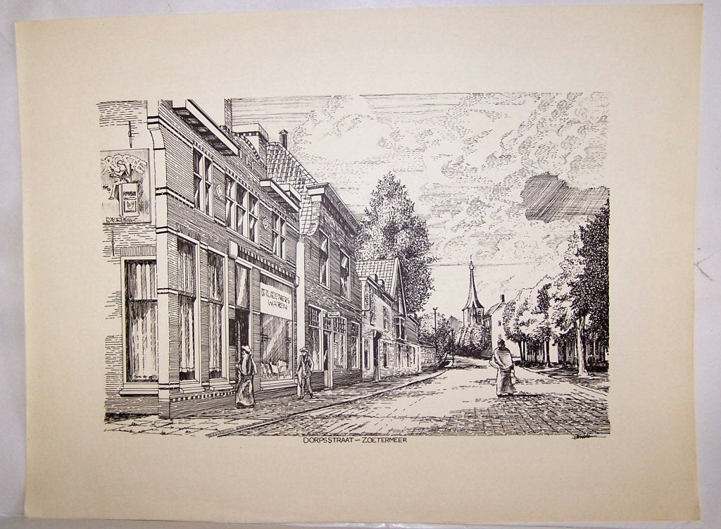 Antieke prent Dorpsstraat-Zoetermeer. 40x30cm. Izgs., Ophalen of Verzenden, Zeefdruk, Handgemaakt