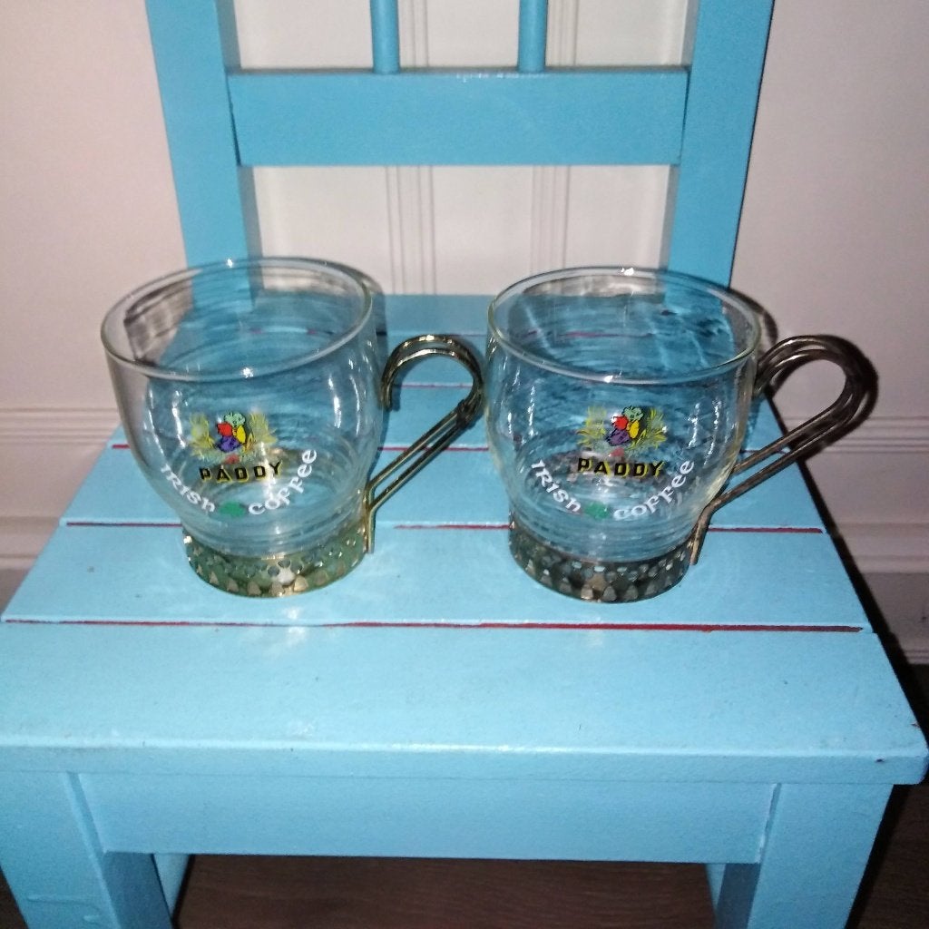 Irish Coffee glazen in metalen houder paddy 2 stuks, Huis en Inrichting, Ophalen, Glas of Glazen, Gebruikt, Glas