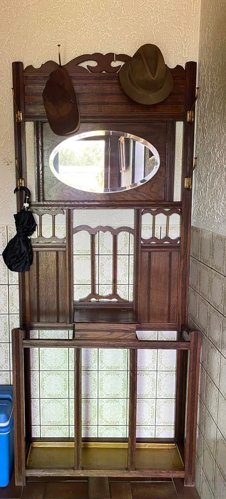 Antieke houten wandkapstok met opbergvak en paraplubak, Ophalen, Rechthoekig, 50 tot 100 cm, 200 cm of meer