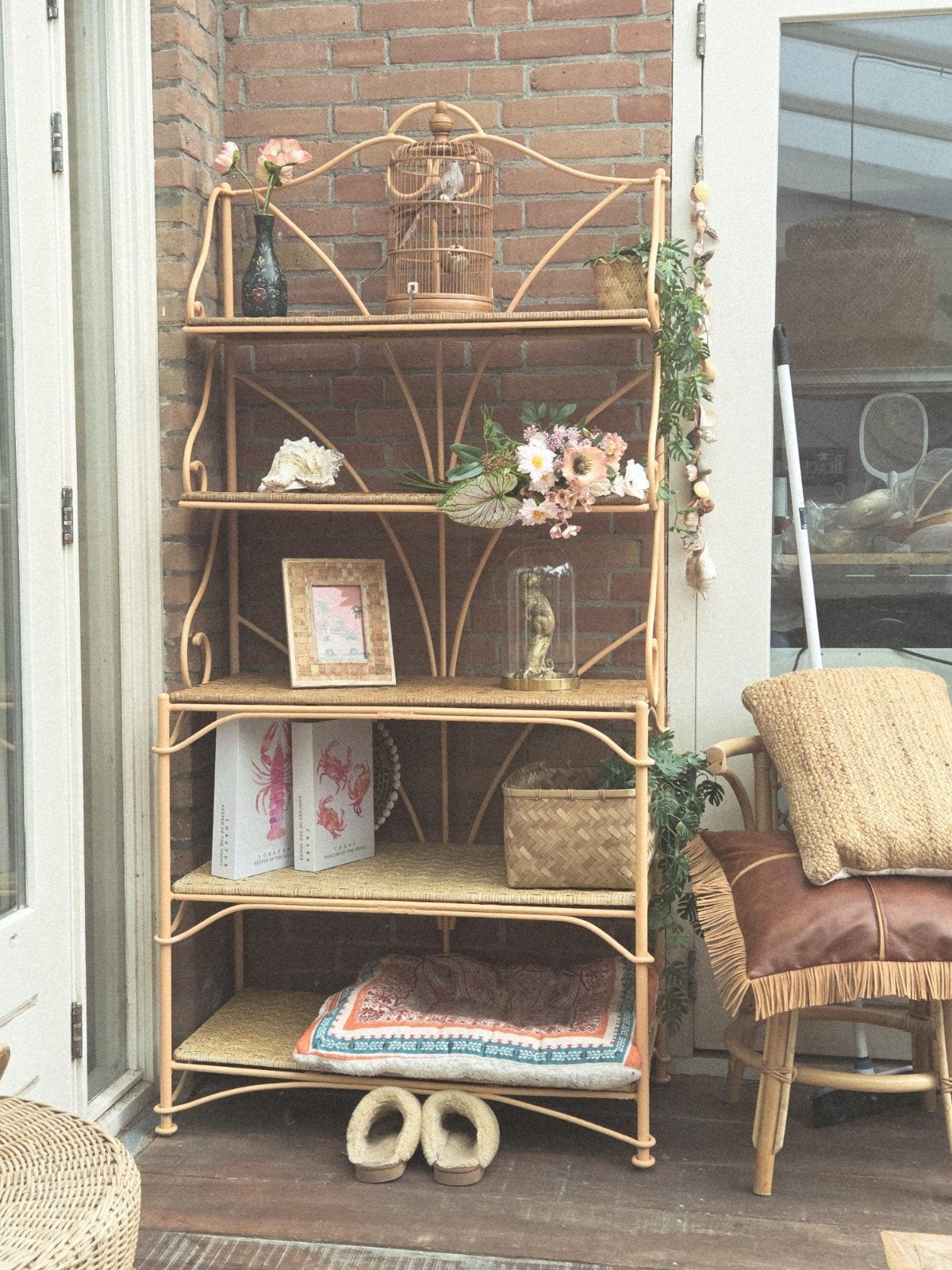 Vintage bohemian etagère / plantenrek – 187 cm hoog – rotan, Ophalen, Gebruikt, Metaal, Overige typen