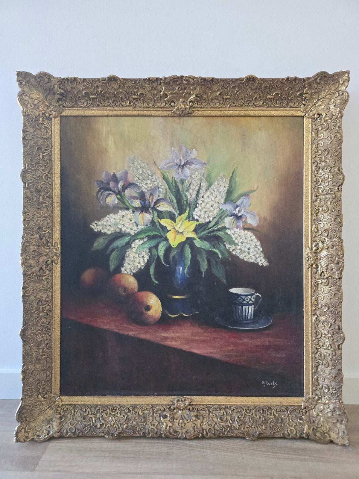 Stilleven olieverf op doek met vergulde lijst door FL. ROELS, Antiek en Kunst, Kunst | Schilderijen | Klassiek, Ophalen, Doek