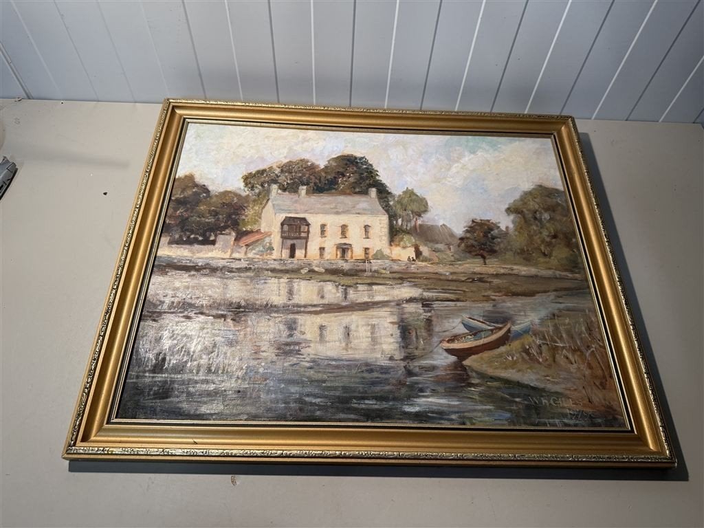 ingelijst schilderij van een huis aan een rivier -gesigneerd, Ophalen of Verzenden
