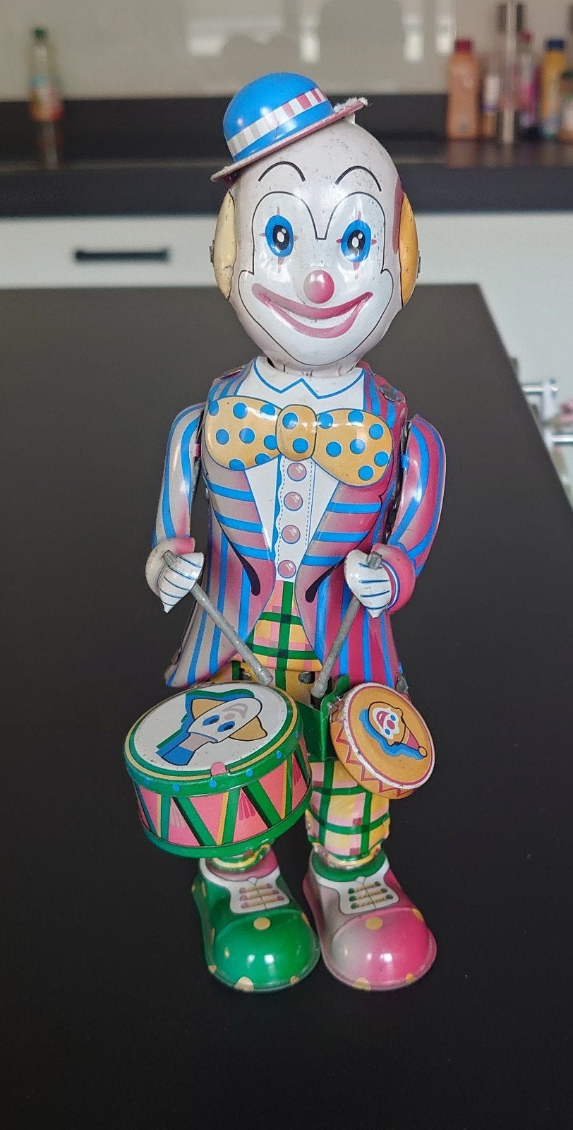 Vintage Blikken Speelgoed Clown met Trommels - Opwindbaar, Verzamelen, Speelgoed, Ophalen of Verzenden, Gebruikt