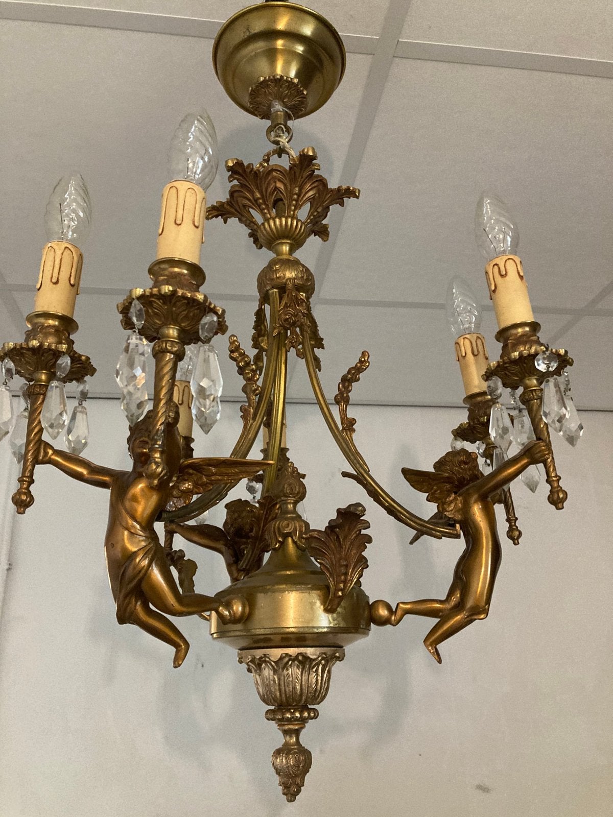 Antieke bronzen kroonluchter met 3 bronzen engelen, Antiek en Kunst, Antiek | Lampen, Ophalen
