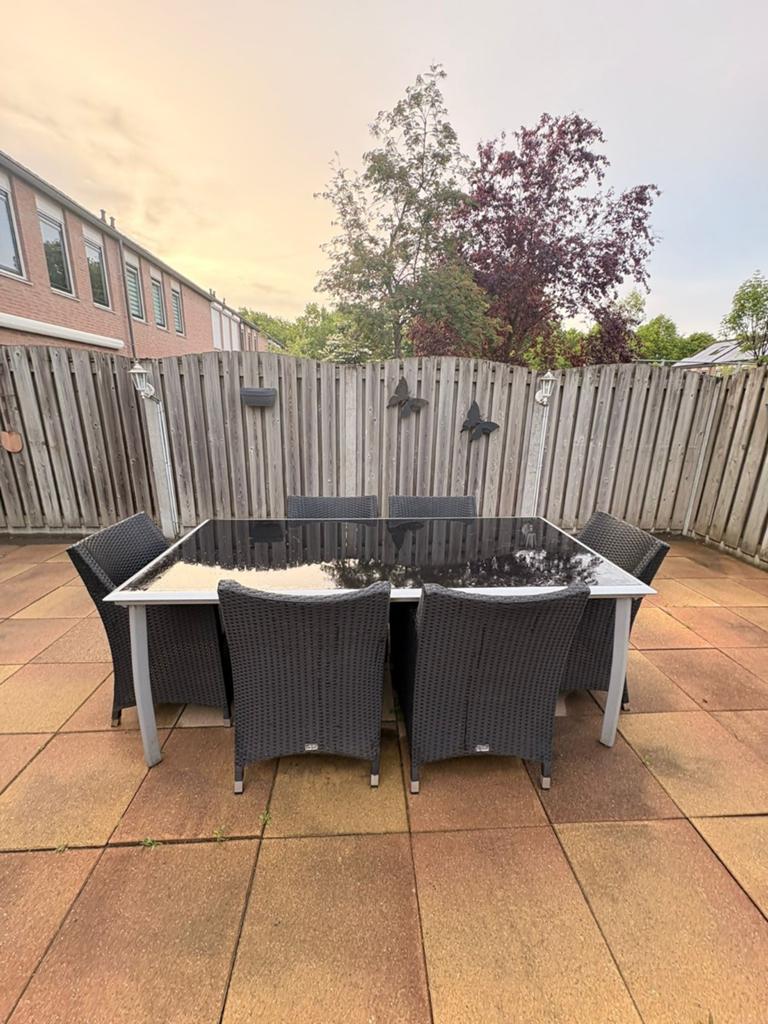 Tuinset Bois le Duc - Tafel met 6 stoelen en kussens, Tuin en Terras, Tuinsets en Loungesets, Ophalen, Gebruikt, 6 zitplaatsen