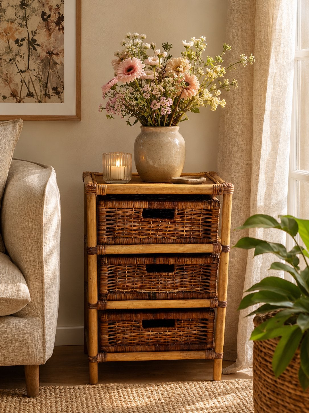 Vintage Rotan ladekastje, Huis en Inrichting, Kasten | Ladekasten, Ophalen, Minder dan 50 cm, Zo goed als nieuw, 3 of 4 laden