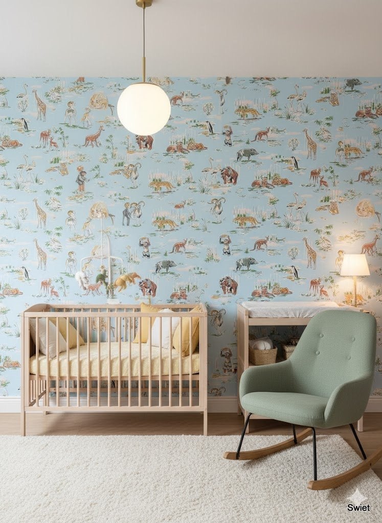 14280 blauw vintage dierenbehang uit de jaren 50 60 swiet , Huis en Inrichting, Ophalen of Verzenden, Minder dan 10 m², Beige