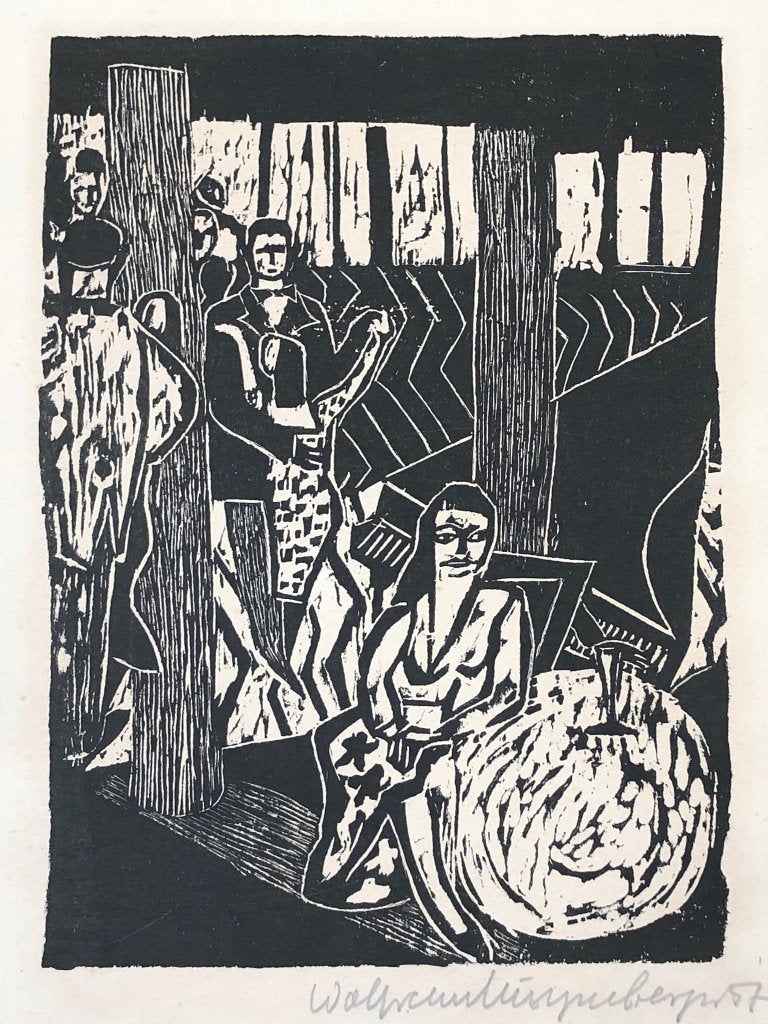 Houtsnede 'Danssalon', 1957, Ophalen of Verzenden