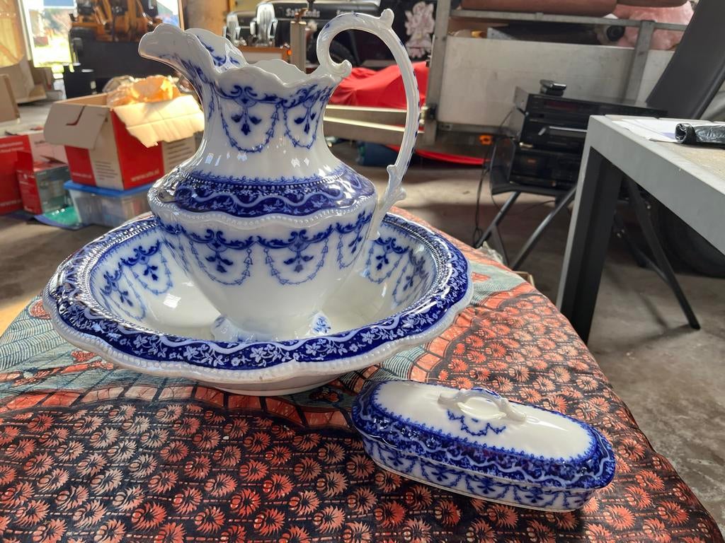Antiek Lampetstel - Wit met Blauw Decor, Ophalen of Verzenden