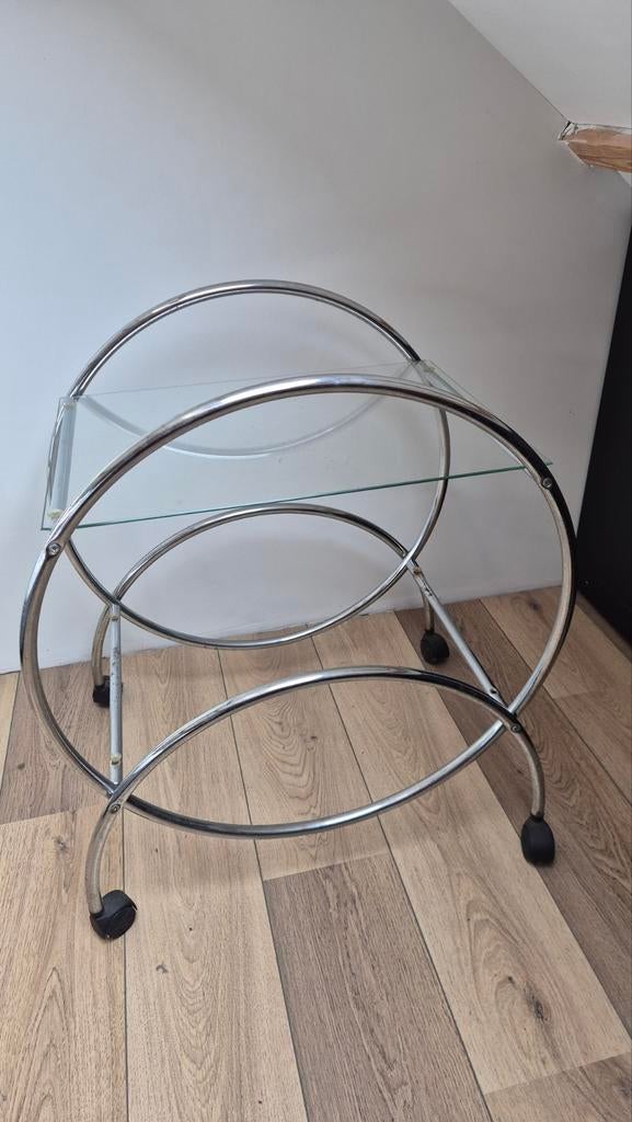 Vintage Serveerwagen Chroom & Glas - Gispen Look, Ophalen, Gebruikt, Metaal of Aluminium, 55 tot 75 cm