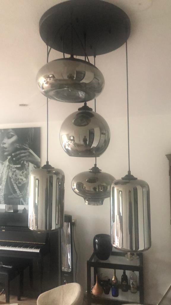 5 glazen bollampen hanglamp, Ophalen of Verzenden, Gebruikt, Glas, 50 tot 75 cm