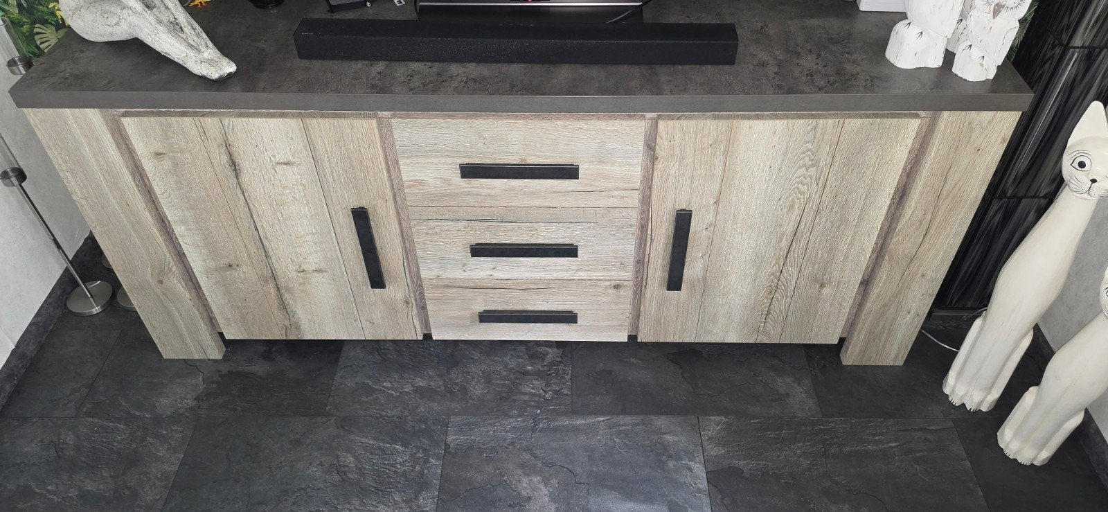 Salontafel dressior en eettafel set in eikenhout look, Minder dan 45 cm, Gebruikt, Modern, Industrieel, Rond