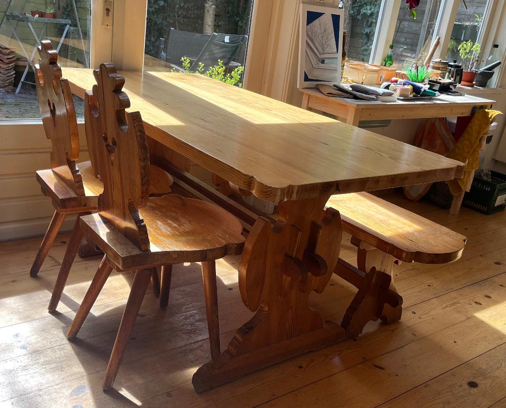 Jaren 70 tafel met stoelen en bank (ski-hut), Ophalen, Gebruikt, Jaren 70/Ski-hut, 50 tot 100 cm