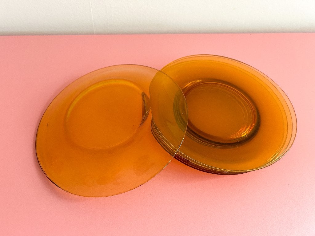 5x oranje bruin glazen bordjes vintage, Gebruikt, Ophalen of Verzenden, Glas, Bord(en)